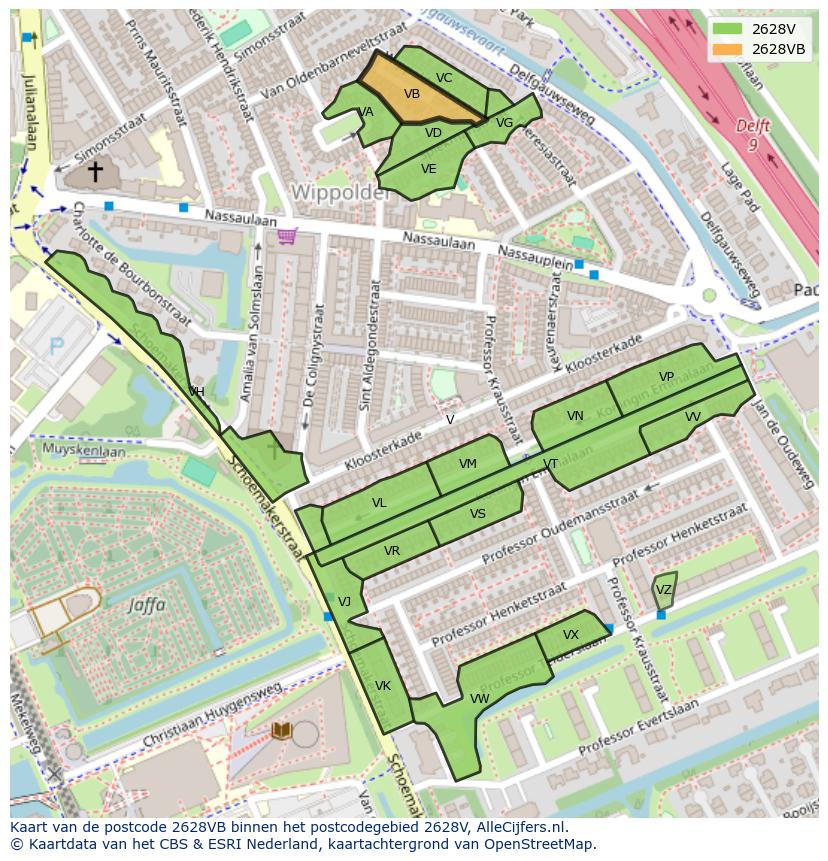Afbeelding van het postcodegebied 2628 VB op de kaart.