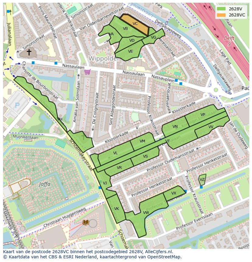 Afbeelding van het postcodegebied 2628 VC op de kaart.