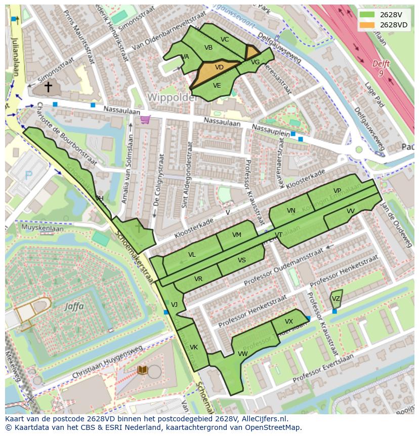 Afbeelding van het postcodegebied 2628 VD op de kaart.