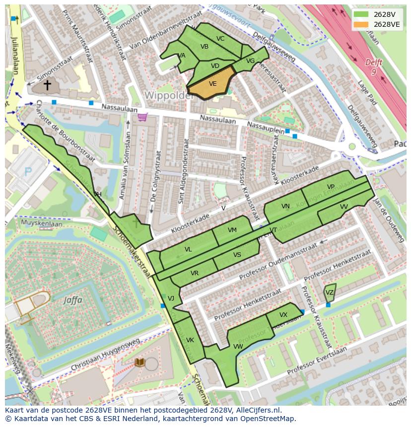 Afbeelding van het postcodegebied 2628 VE op de kaart.