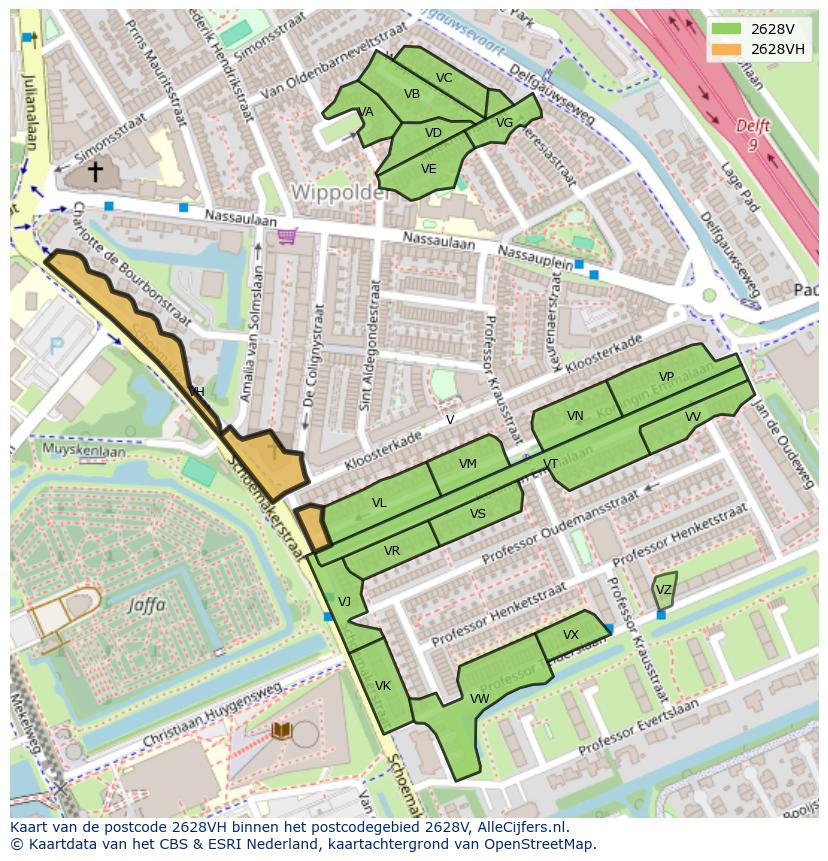 Afbeelding van het postcodegebied 2628 VH op de kaart.