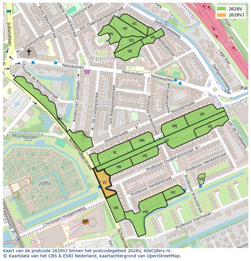 Afbeelding van het postcodegebied 2628 VJ op de kaart.