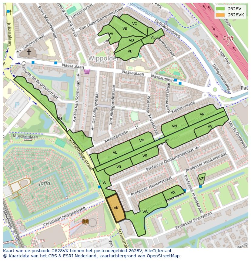Afbeelding van het postcodegebied 2628 VK op de kaart.