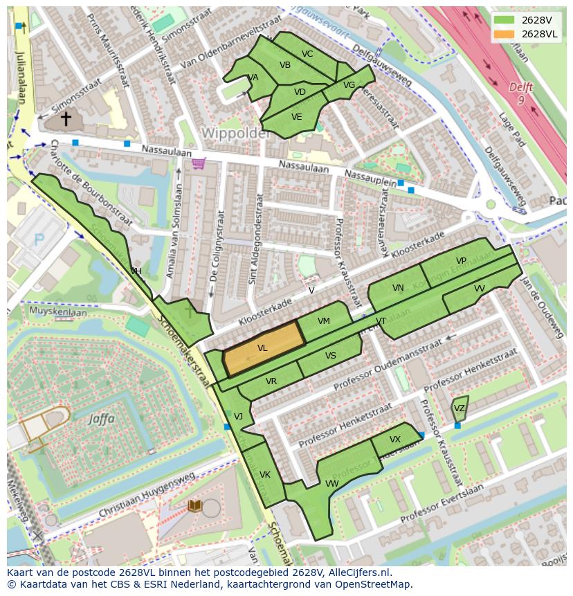 Afbeelding van het postcodegebied 2628 VL op de kaart.
