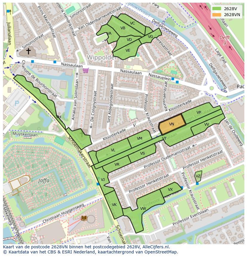 Afbeelding van het postcodegebied 2628 VN op de kaart.