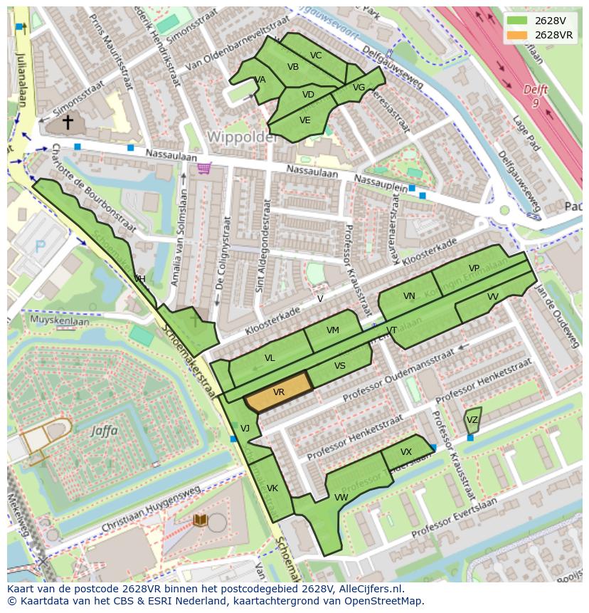 Afbeelding van het postcodegebied 2628 VR op de kaart.