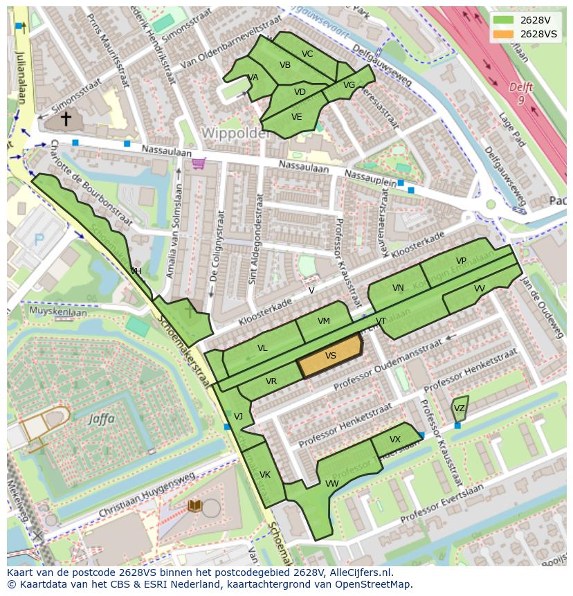 Afbeelding van het postcodegebied 2628 VS op de kaart.