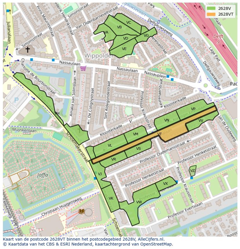 Afbeelding van het postcodegebied 2628 VT op de kaart.