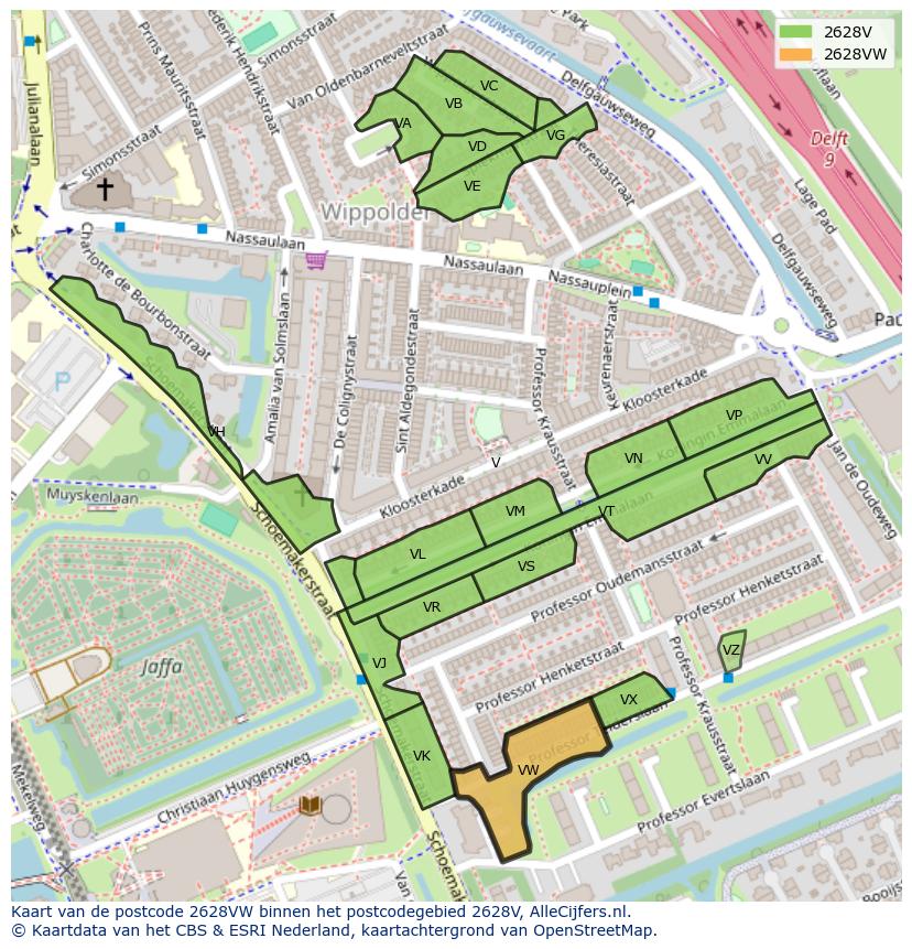 Afbeelding van het postcodegebied 2628 VW op de kaart.