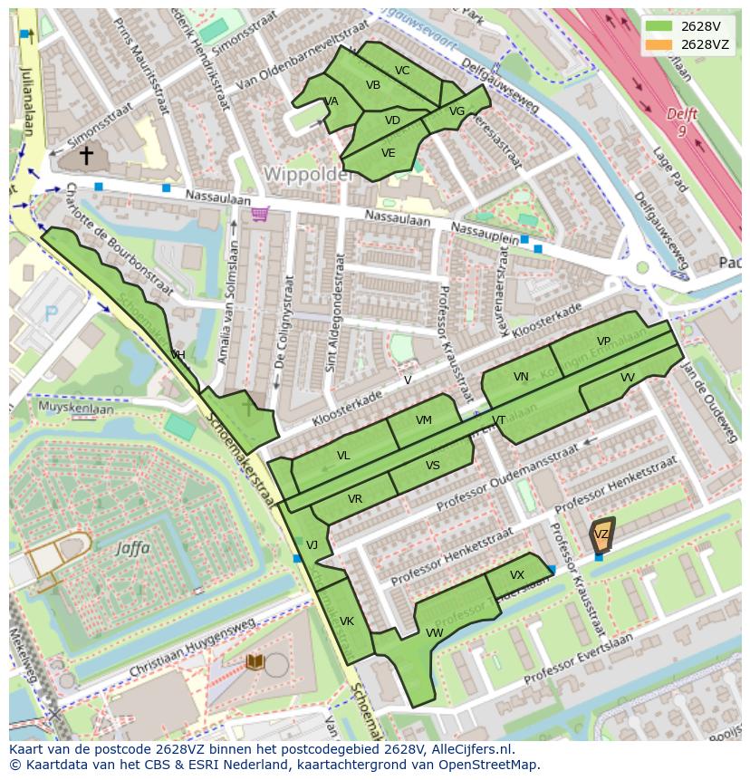 Afbeelding van het postcodegebied 2628 VZ op de kaart.