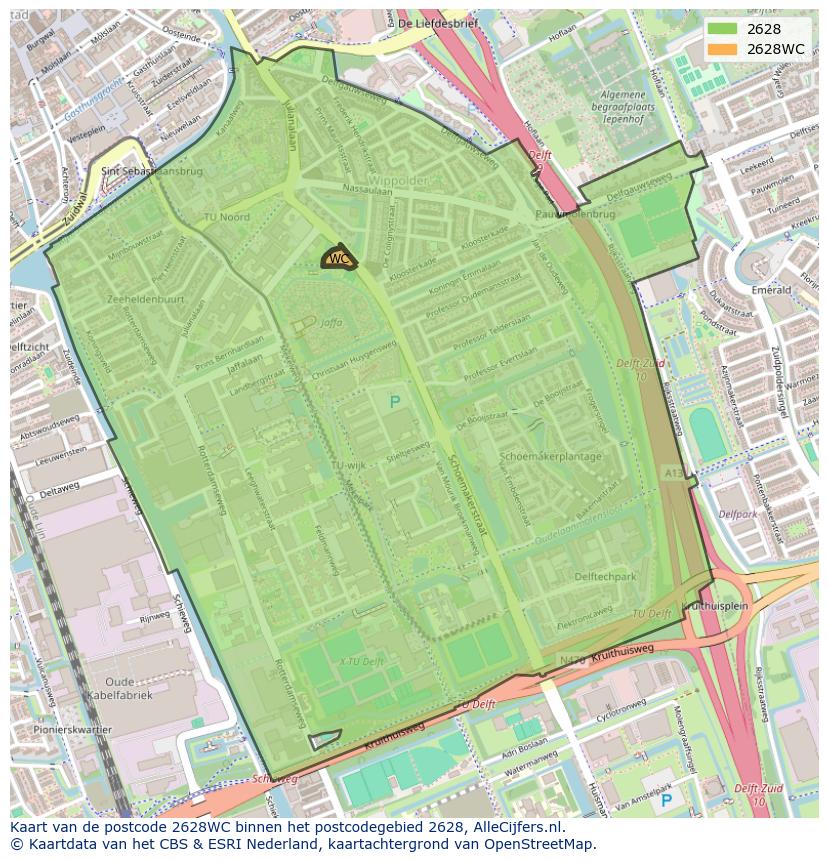 Afbeelding van het postcodegebied 2628 WC op de kaart.