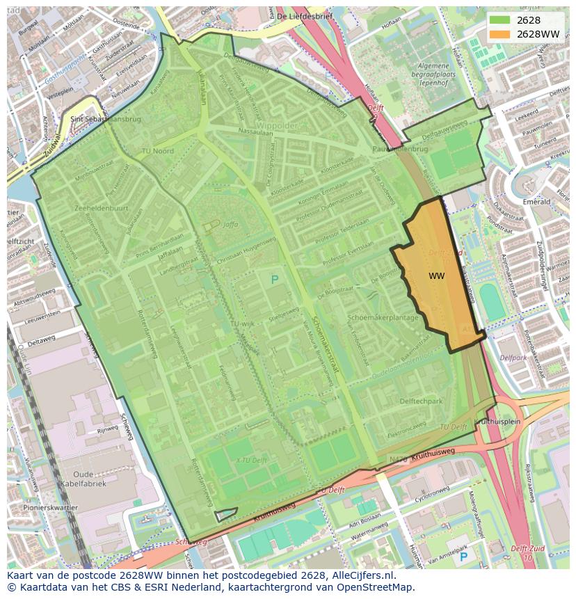 Afbeelding van het postcodegebied 2628 WW op de kaart.