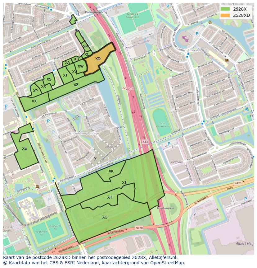 Afbeelding van het postcodegebied 2628 XD op de kaart.