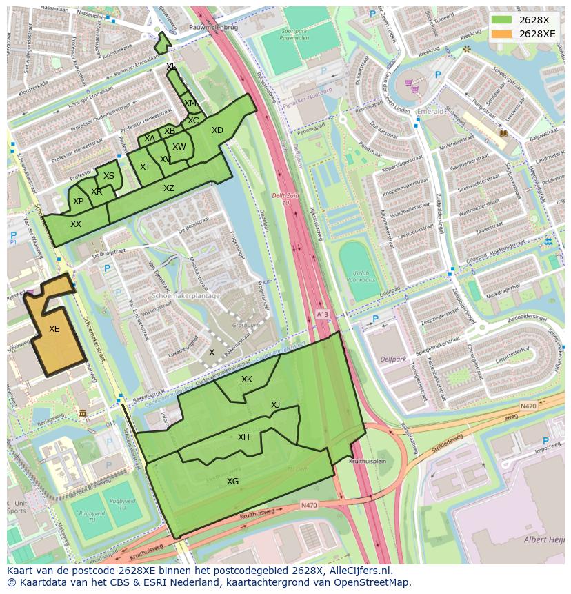 Afbeelding van het postcodegebied 2628 XE op de kaart.