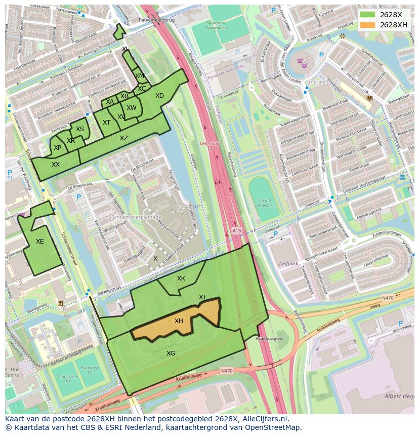 Afbeelding van het postcodegebied 2628 XH op de kaart.