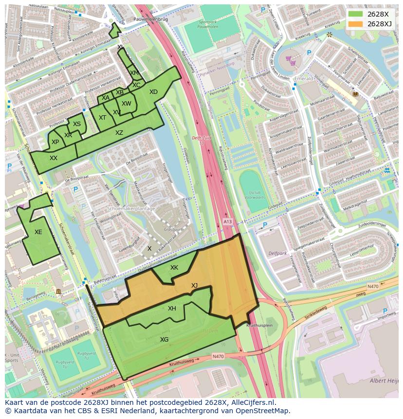 Afbeelding van het postcodegebied 2628 XJ op de kaart.