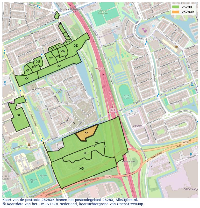 Afbeelding van het postcodegebied 2628 XK op de kaart.