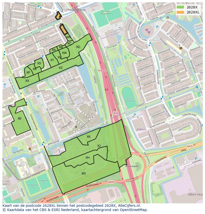 Afbeelding van het postcodegebied 2628 XL op de kaart.