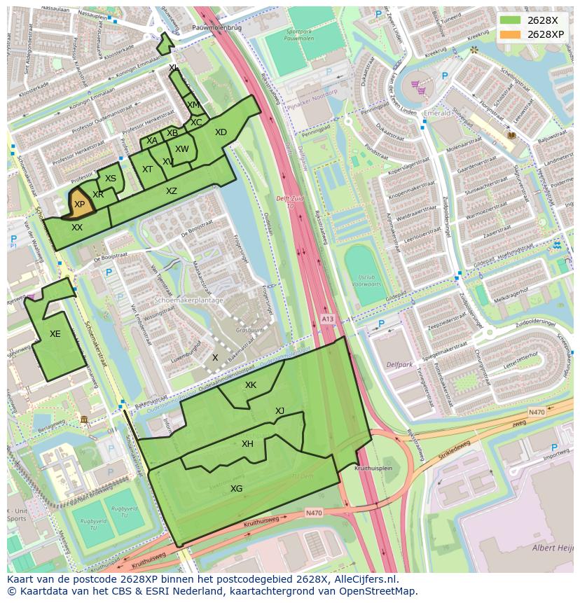 Afbeelding van het postcodegebied 2628 XP op de kaart.