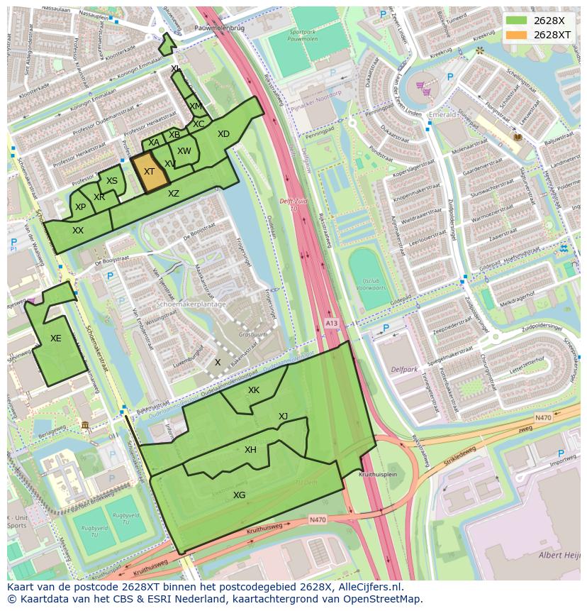 Afbeelding van het postcodegebied 2628 XT op de kaart.
