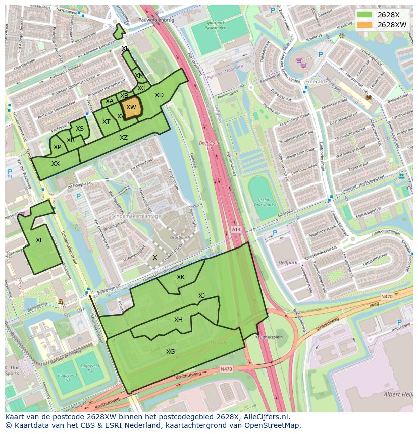 Afbeelding van het postcodegebied 2628 XW op de kaart.