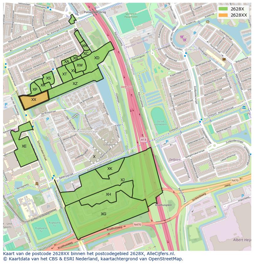 Afbeelding van het postcodegebied 2628 XX op de kaart.