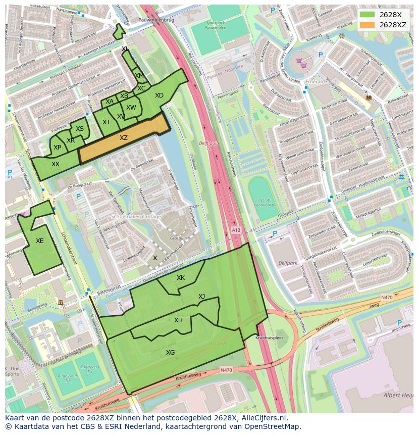 Afbeelding van het postcodegebied 2628 XZ op de kaart.
