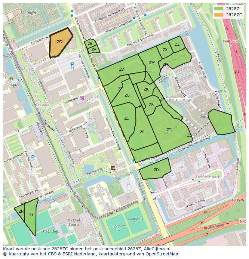 Afbeelding van het postcodegebied 2628 ZC op de kaart.