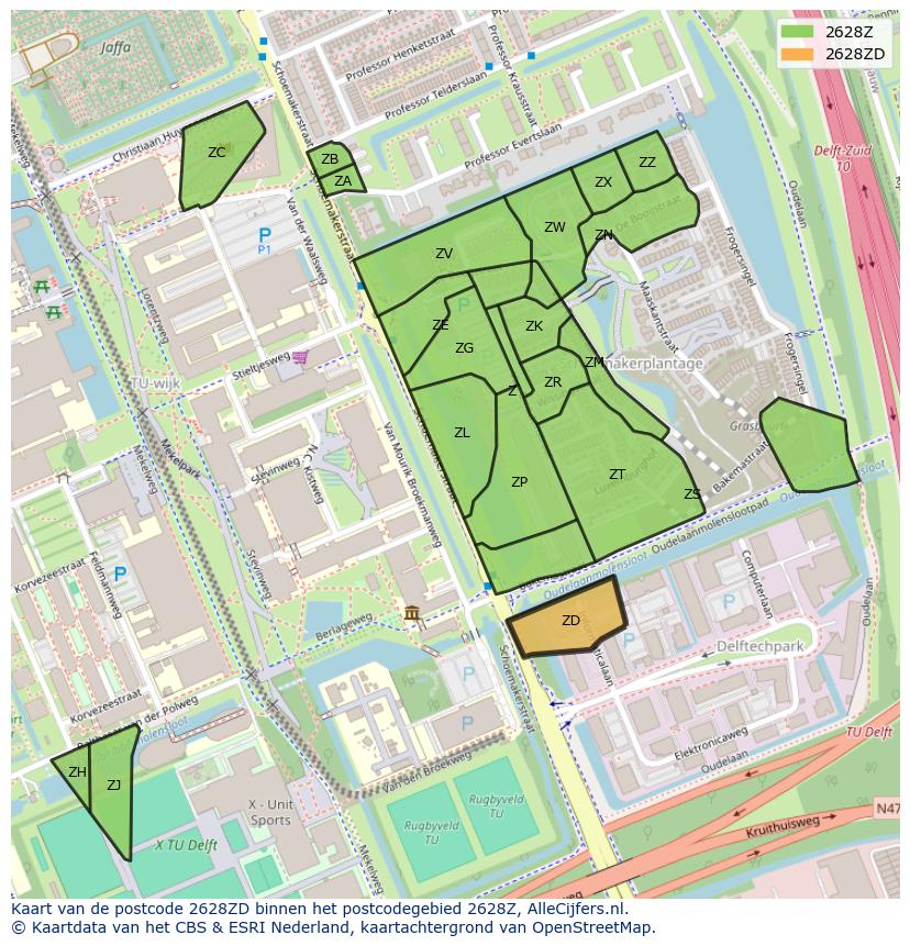 Afbeelding van het postcodegebied 2628 ZD op de kaart.