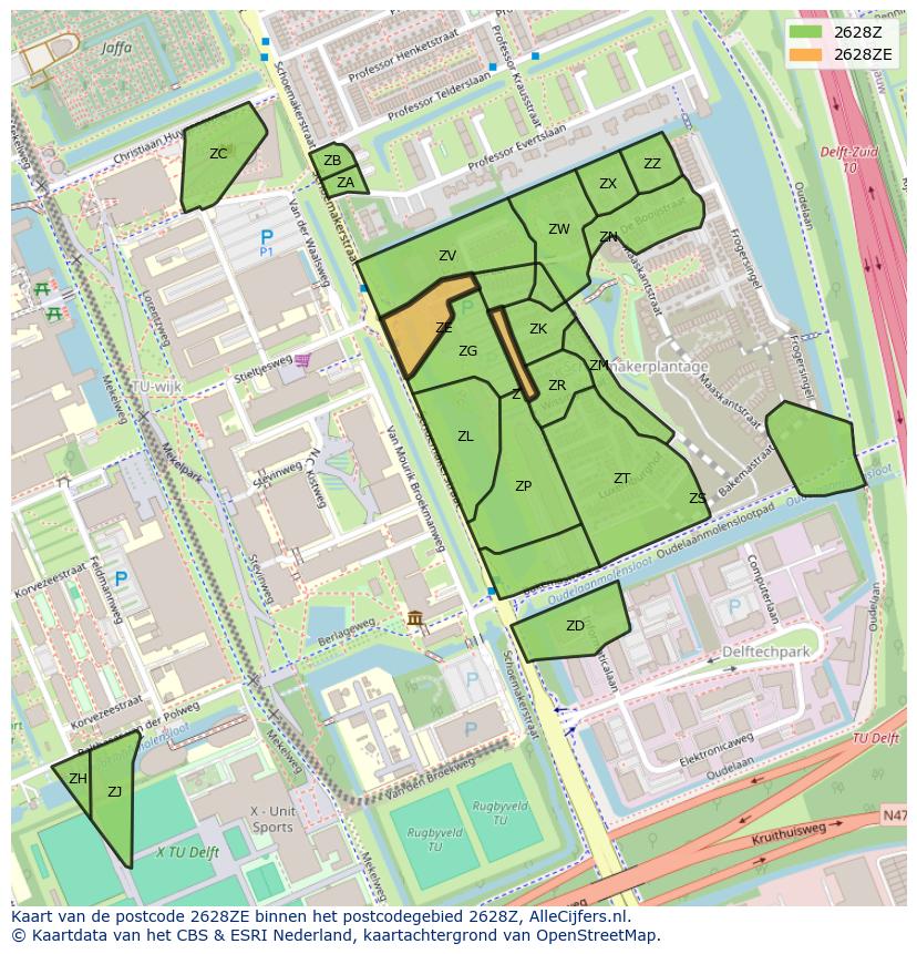Afbeelding van het postcodegebied 2628 ZE op de kaart.