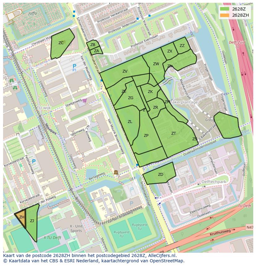 Afbeelding van het postcodegebied 2628 ZH op de kaart.
