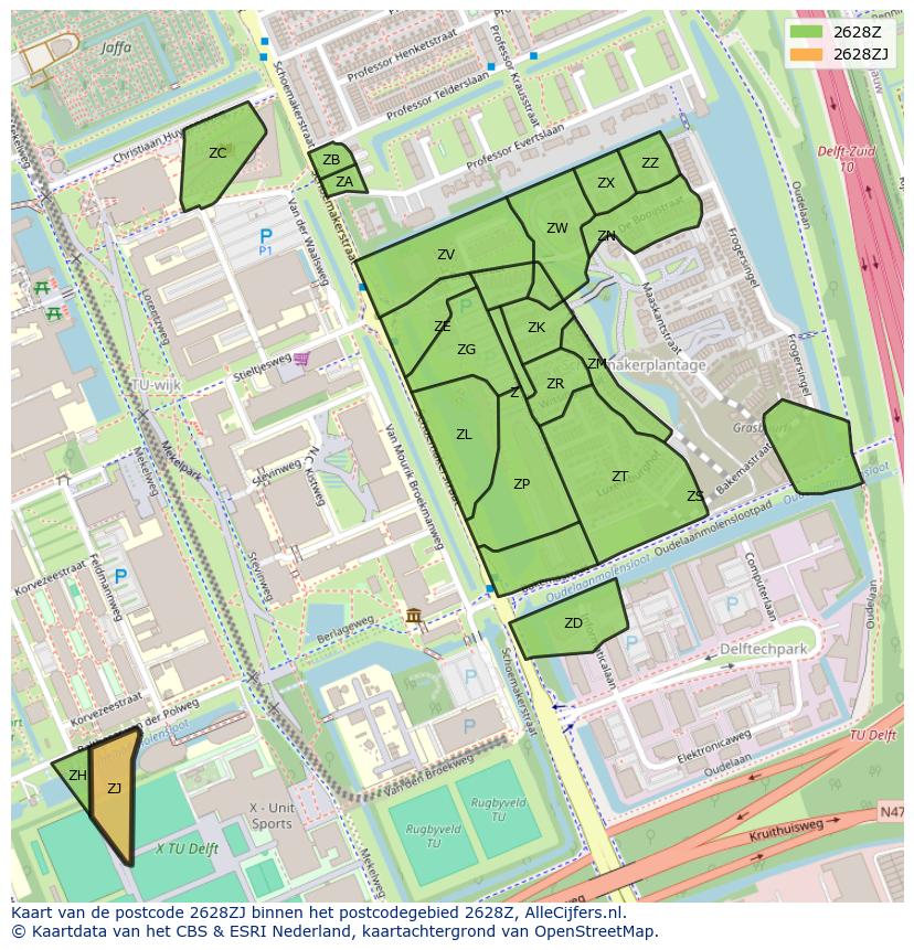 Afbeelding van het postcodegebied 2628 ZJ op de kaart.