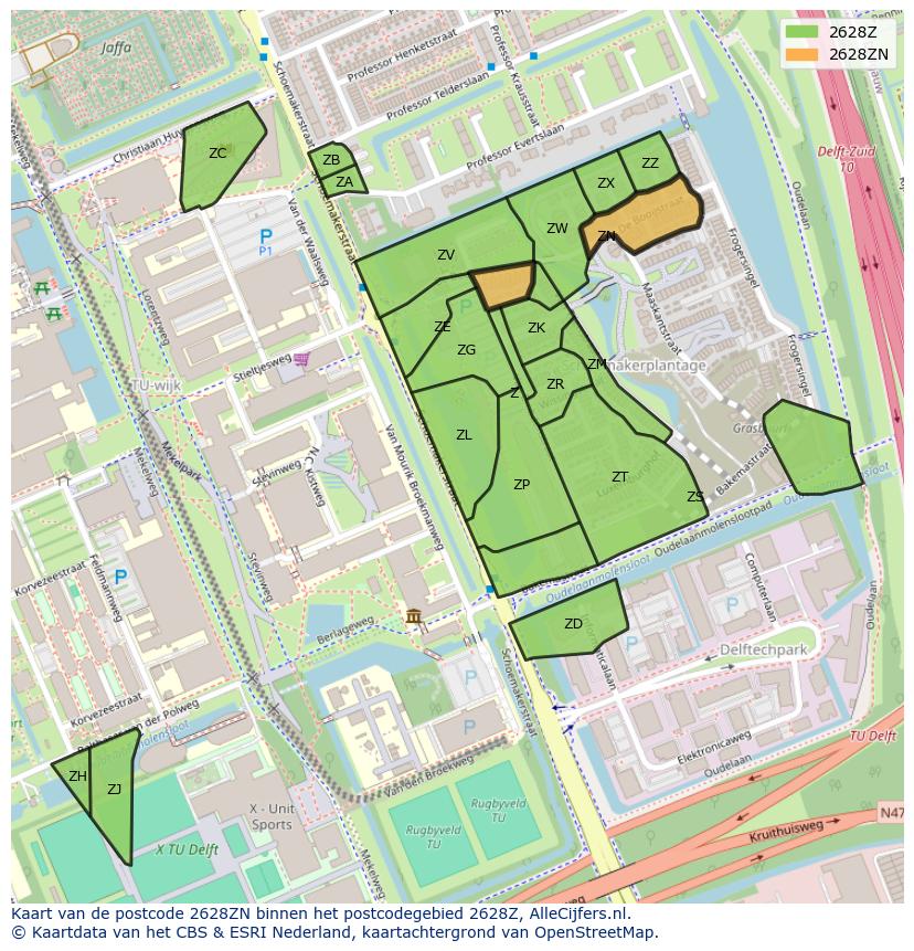 Afbeelding van het postcodegebied 2628 ZN op de kaart.