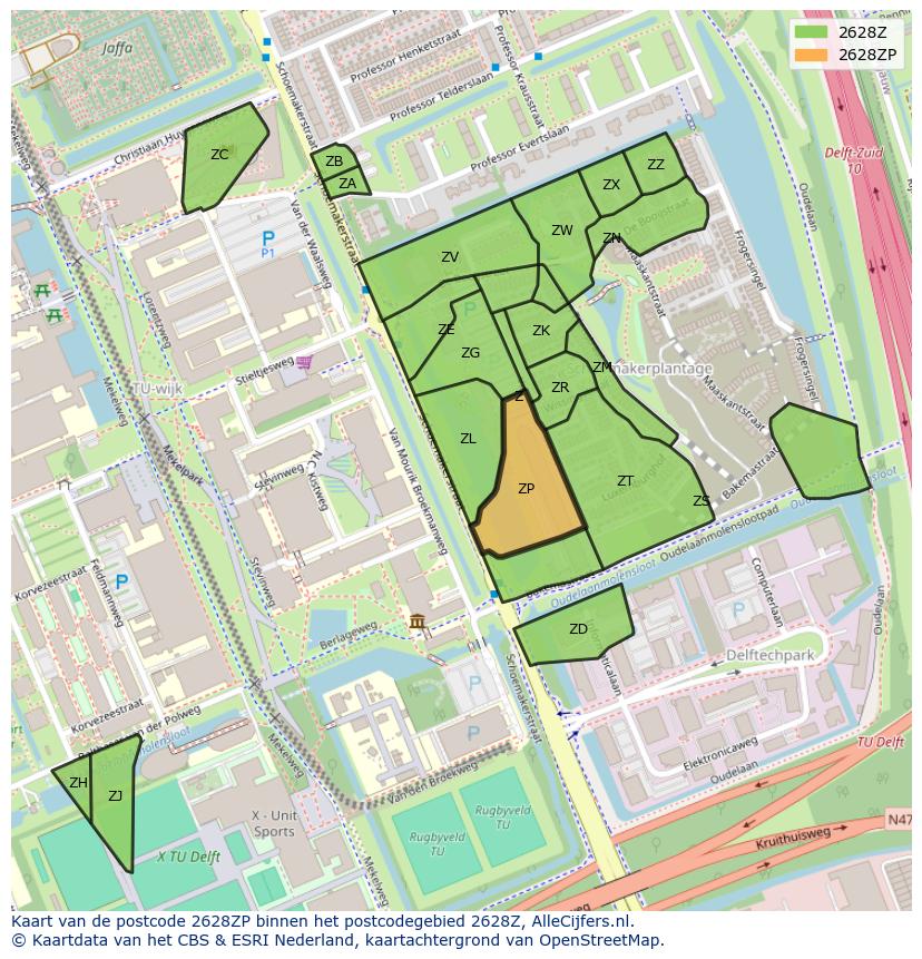 Afbeelding van het postcodegebied 2628 ZP op de kaart.