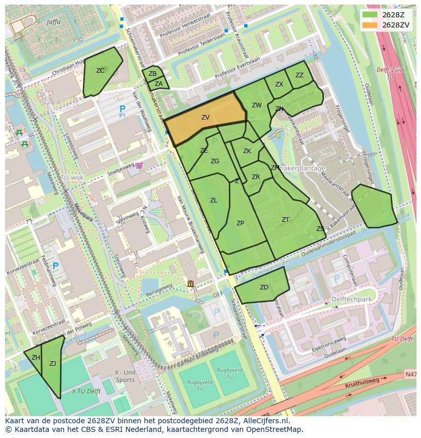 Afbeelding van het postcodegebied 2628 ZV op de kaart.