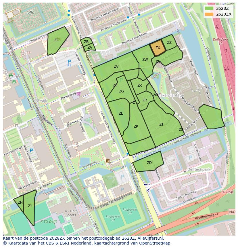 Afbeelding van het postcodegebied 2628 ZX op de kaart.