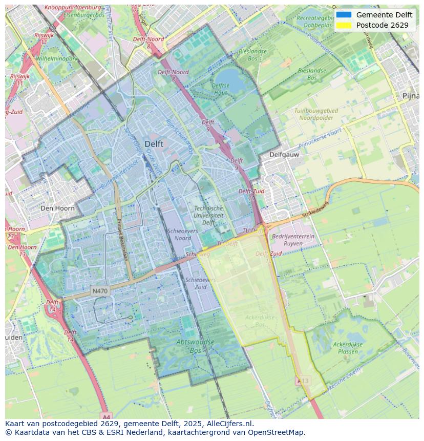 Afbeelding van het postcodegebied 2629 op de kaart.