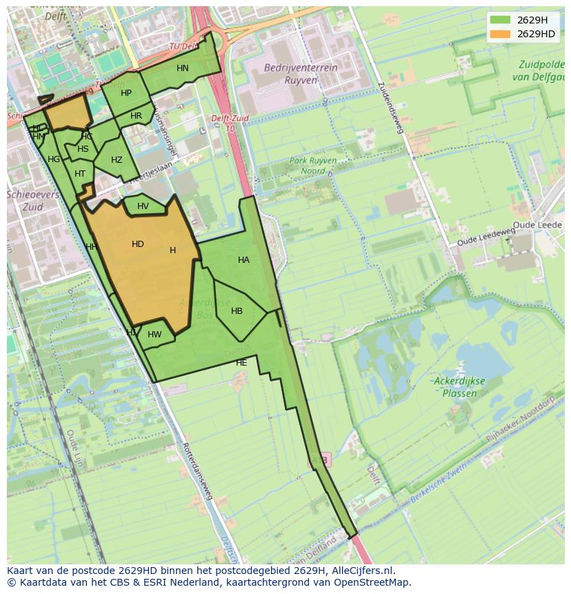Afbeelding van het postcodegebied 2629 HD op de kaart.