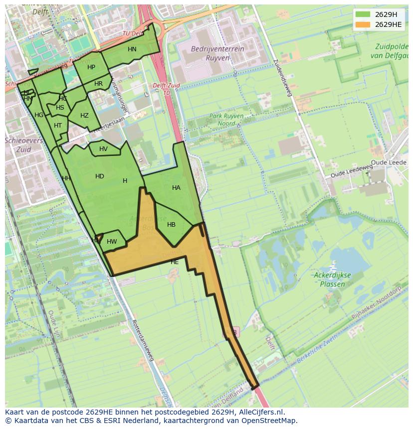 Afbeelding van het postcodegebied 2629 HE op de kaart.