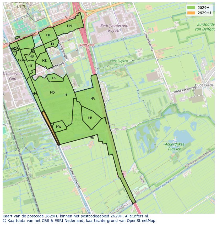 Afbeelding van het postcodegebied 2629 HJ op de kaart.