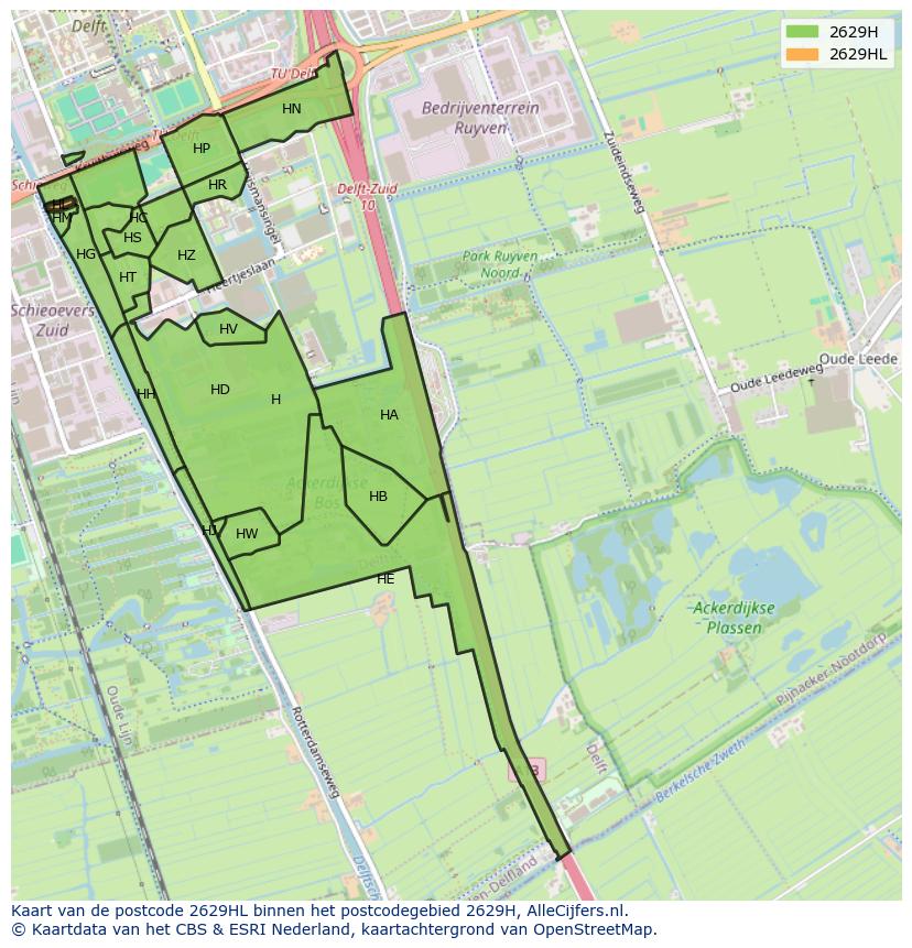 Afbeelding van het postcodegebied 2629 HL op de kaart.