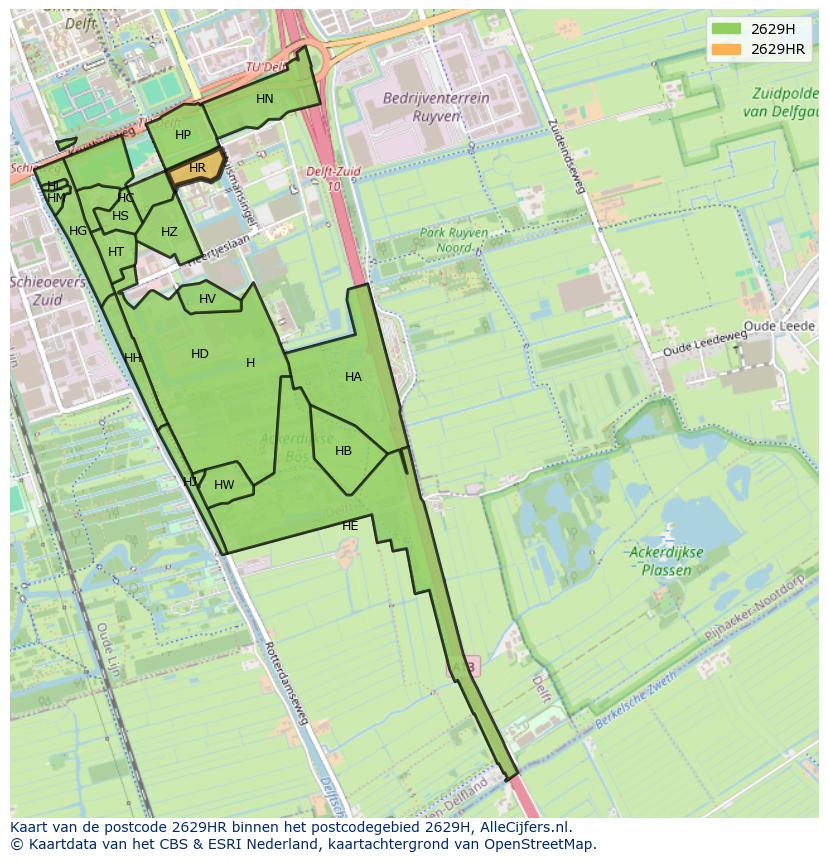 Afbeelding van het postcodegebied 2629 HR op de kaart.