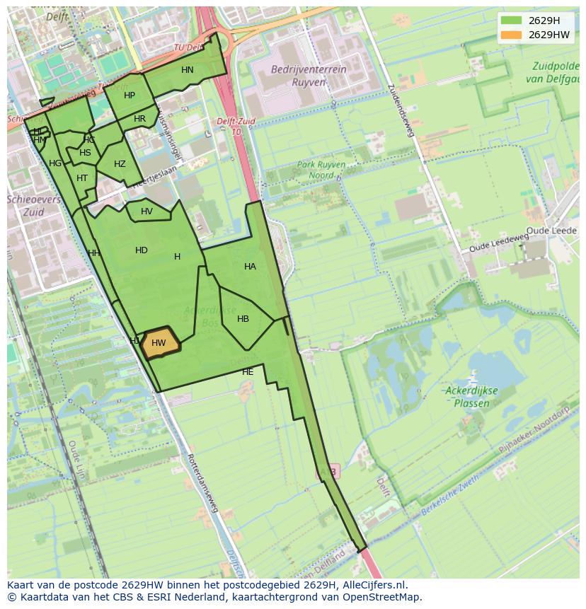 Afbeelding van het postcodegebied 2629 HW op de kaart.