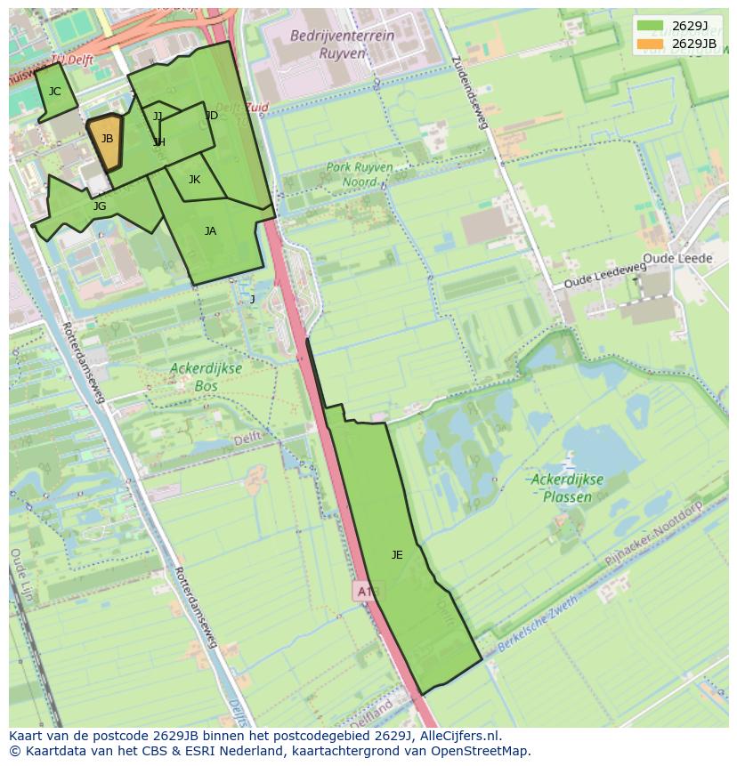 Afbeelding van het postcodegebied 2629 JB op de kaart.