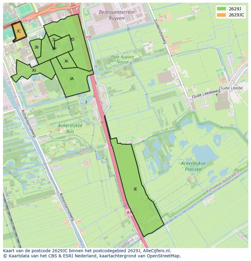 Afbeelding van het postcodegebied 2629 JC op de kaart.