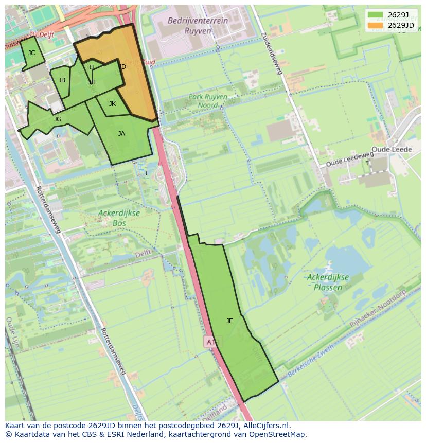 Afbeelding van het postcodegebied 2629 JD op de kaart.