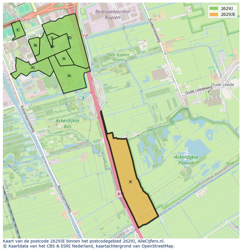 Afbeelding van het postcodegebied 2629 JE op de kaart.