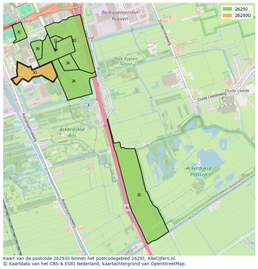 Afbeelding van het postcodegebied 2629 JG op de kaart.