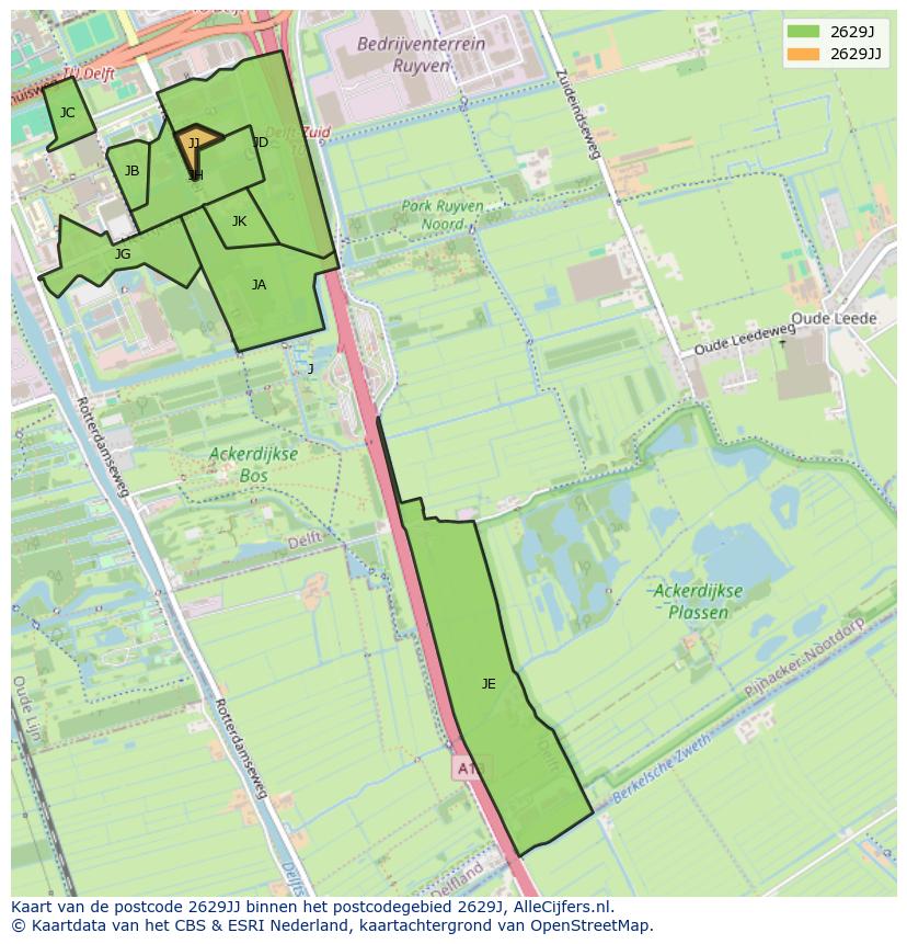 Afbeelding van het postcodegebied 2629 JJ op de kaart.