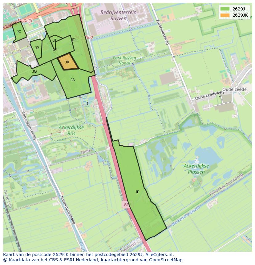 Afbeelding van het postcodegebied 2629 JK op de kaart.
